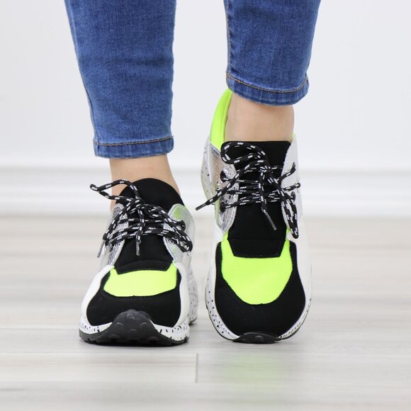 Multicolor Chunky Sneakers Neon Yellow Silver Animal Print Rugged Sole - Picture 11 of 14